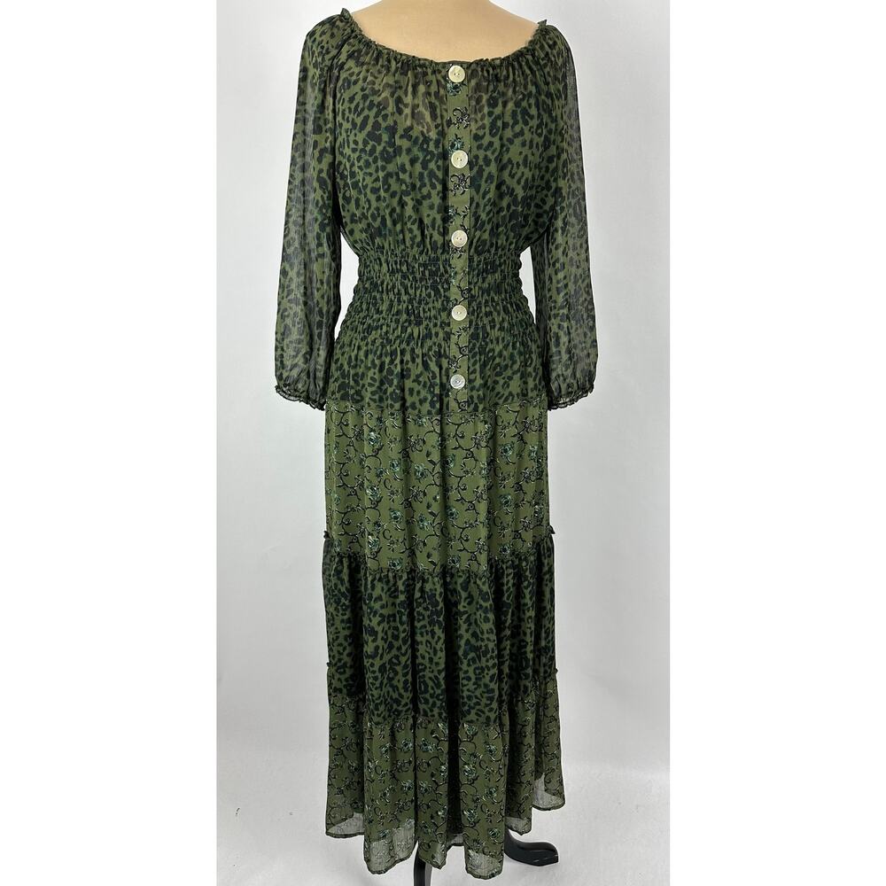 Figueroa & Flower Size M Green Animal Print Sheer Tiered Maxi Dress Peasant Boho
